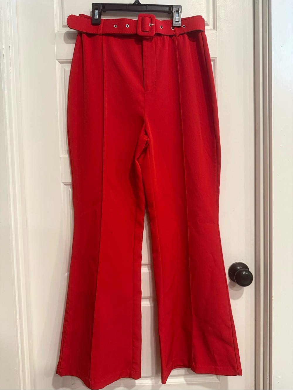 Red High Rise Wide Leg Dress Pants Belted Trouser Size M Retro 70s